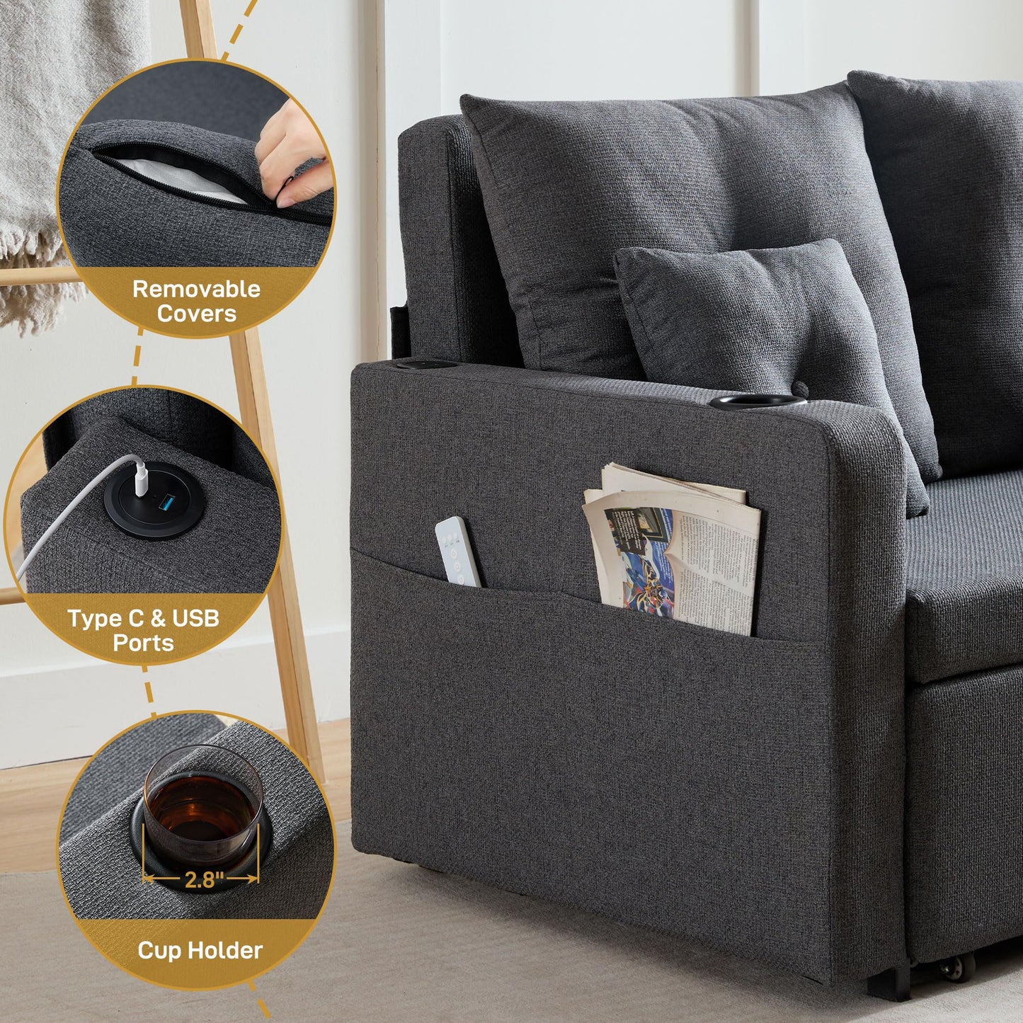 Busaurus 3 in 1 Convertible Sofa Bed, 56" Full Size Loveseat Sleeper Sofa Couch Bed, Sleeper Sofa Bed with Storage Pocket, USB, Comfy Pull Out Sofa Bed for Living Room, Bedroom, Small Space, Dark Grey