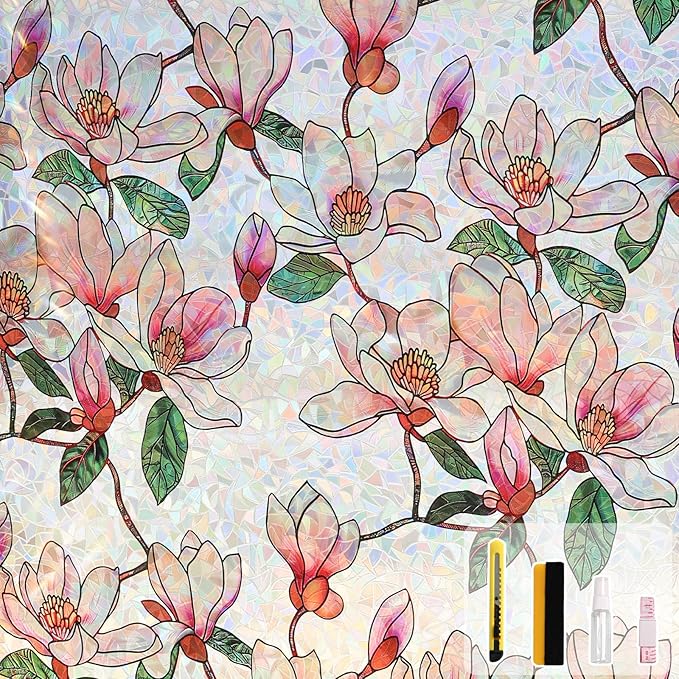 Kromapolis Window Privacy Film, Stained Glass Sticker Floral Window Clings, Decorative Static Clings UV Blocking Colorful Decals, Removable Vinyl Covering Rainbow Magnolia Flowers, 35.4'' x 78.7''