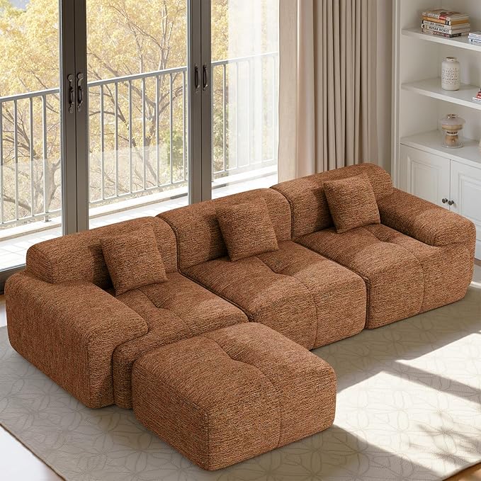 122" L Shaped Convertible Modular Couch, Cloud Couch Sectional with Ottoman, 4-Seater Chenille Boneless Couches for Living Room, Apartment, No Assembly, Orange 1PCS