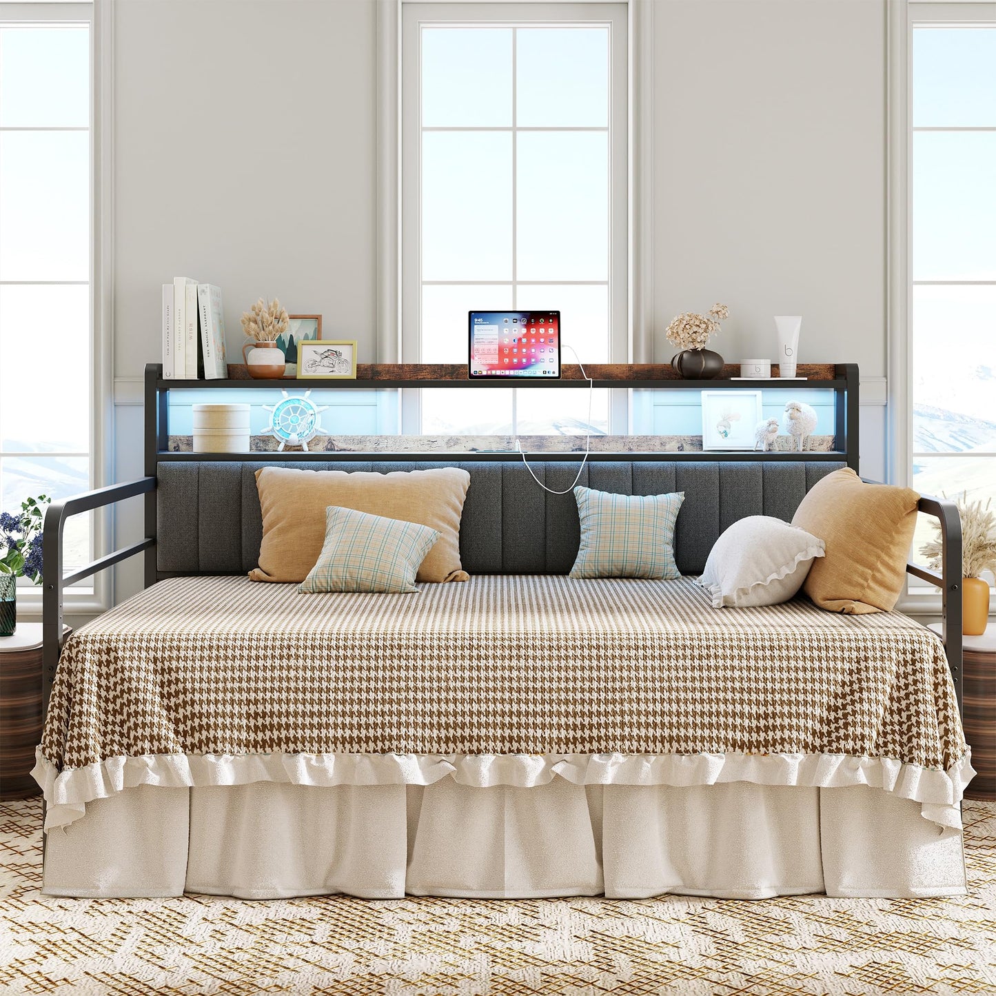 ANCTOR Daybed with Trundle, LED Lights and Charging Station, Twin Size Daybed with 2-Tier Storage Shelves and Upholstered Headboard, Metal Sofa Bed Frame for Living Room, Bedroom, Grey