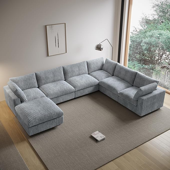 Cloud Modular Sectional Couch,157" Oversized 7 Seater Sofa,V Shaped Sofa Couch with Storage Ottoman,Plush Sofas with Chaise for Living Room,Covers Washable&Replaceable (Grey)