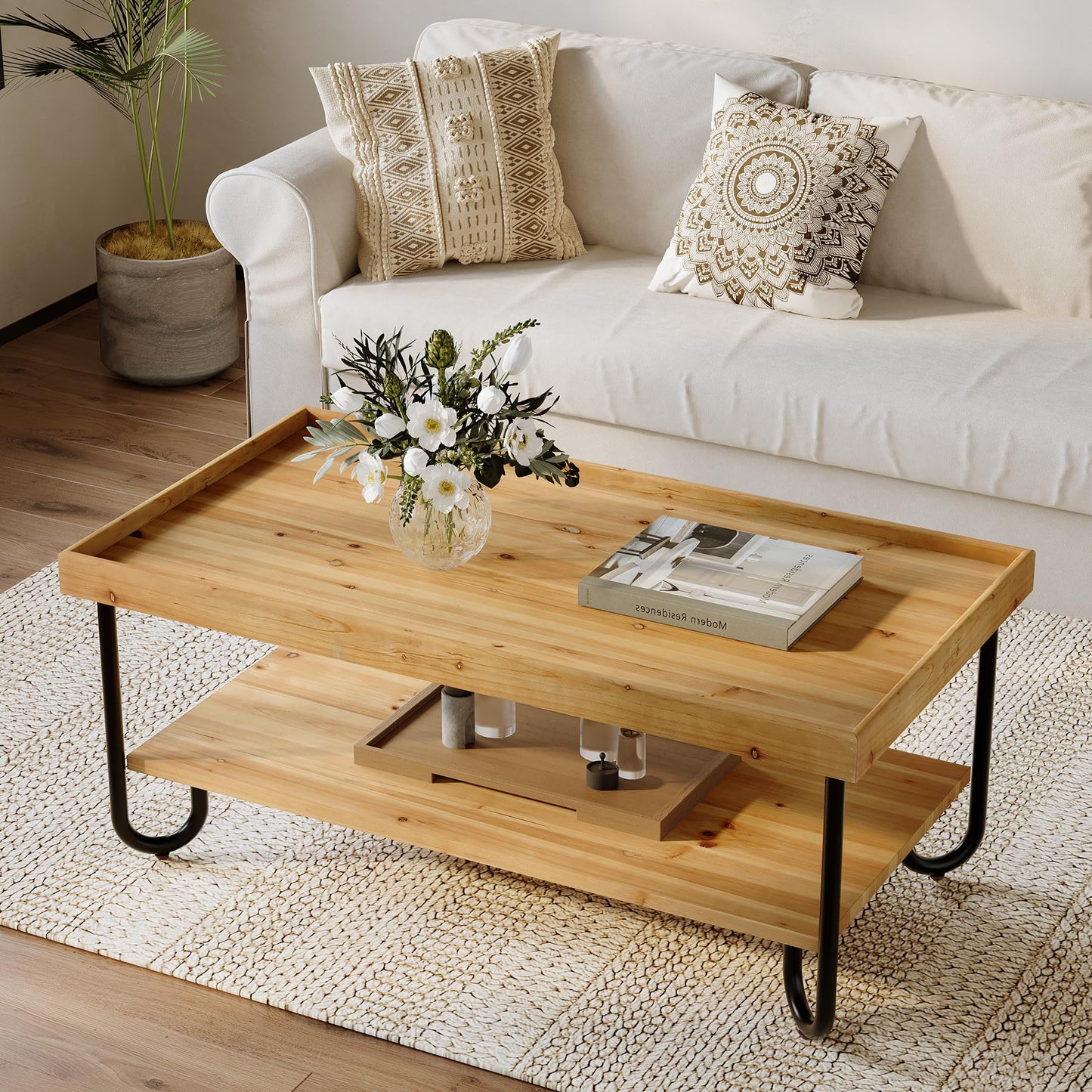 TRIBEWOOD 47.24-Inch Solid Wood Coffee Table, 2-Tier Rectangular Center Table with Curved Metal Legs, Industrial Cocktail Tea Table with Storage Shelf for Living Room, Apartment (Light Brown)