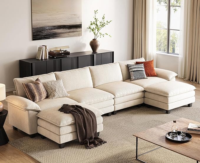 LINSY HOME 157'' Modular Sectional Sofa Beige Couch Corduroy Cloud Couches for Living Room, U Shaped Couch with Movable Ottoman, Modern Cloud Sectional Sofas for Bedroom and Apartment, Beige