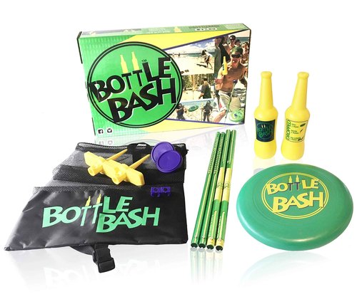 Bottle Bash Outdoor Flying Disc Game Set + Poleish Sports Bottle Bash Multi Surface Bases