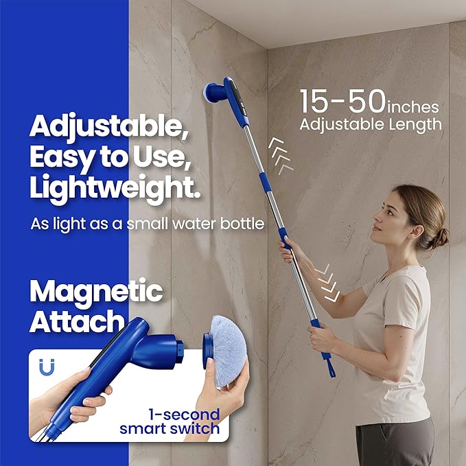 8-in-1 Electric Spin Scrubber, Fully Waterproof Cordless Power Cleaning Brush with LED Display, 2 Speed Settings, Extension Handle for Bathroom, Tubs, Shower, Kitchen, Tile, Sinks, Car, Floor