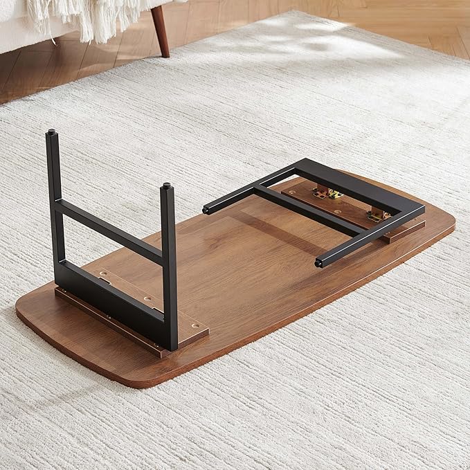 Pine Flicker Wood Folding Coffee Table, Mid-Century Modern Design, 2-Tier, L41*W19*H15 inch, for Living Room, Walnut Finish Wood Top and Black Metal Frame
