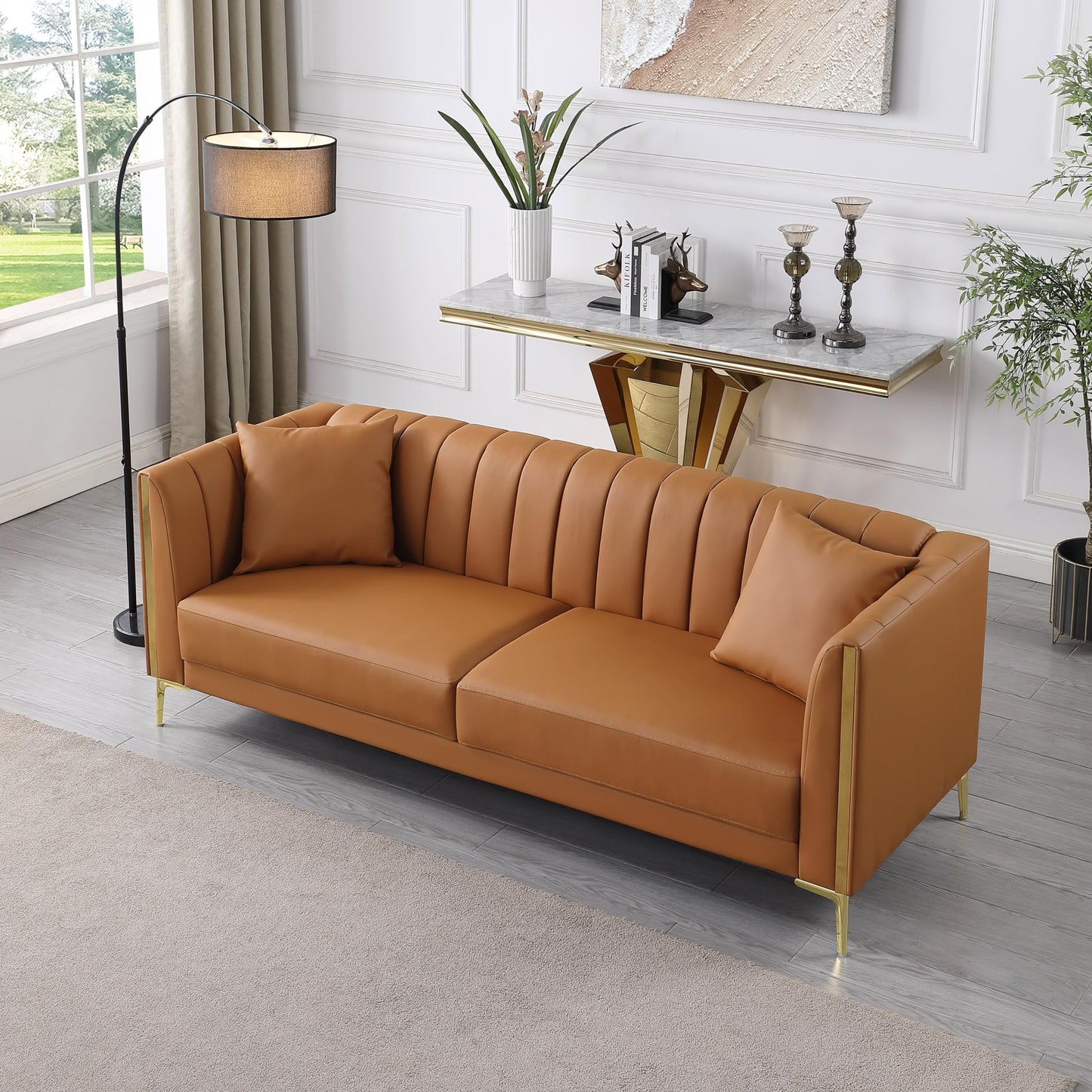 FOTOSOK 78'' Sofa, Modern Leather Couches for Living Room, Comfy, Faux Leather Sofa 3 Seater Sofa with 2 Throw Pillows and Gold Metal Legs, Deep Seat Sofas (Brown)