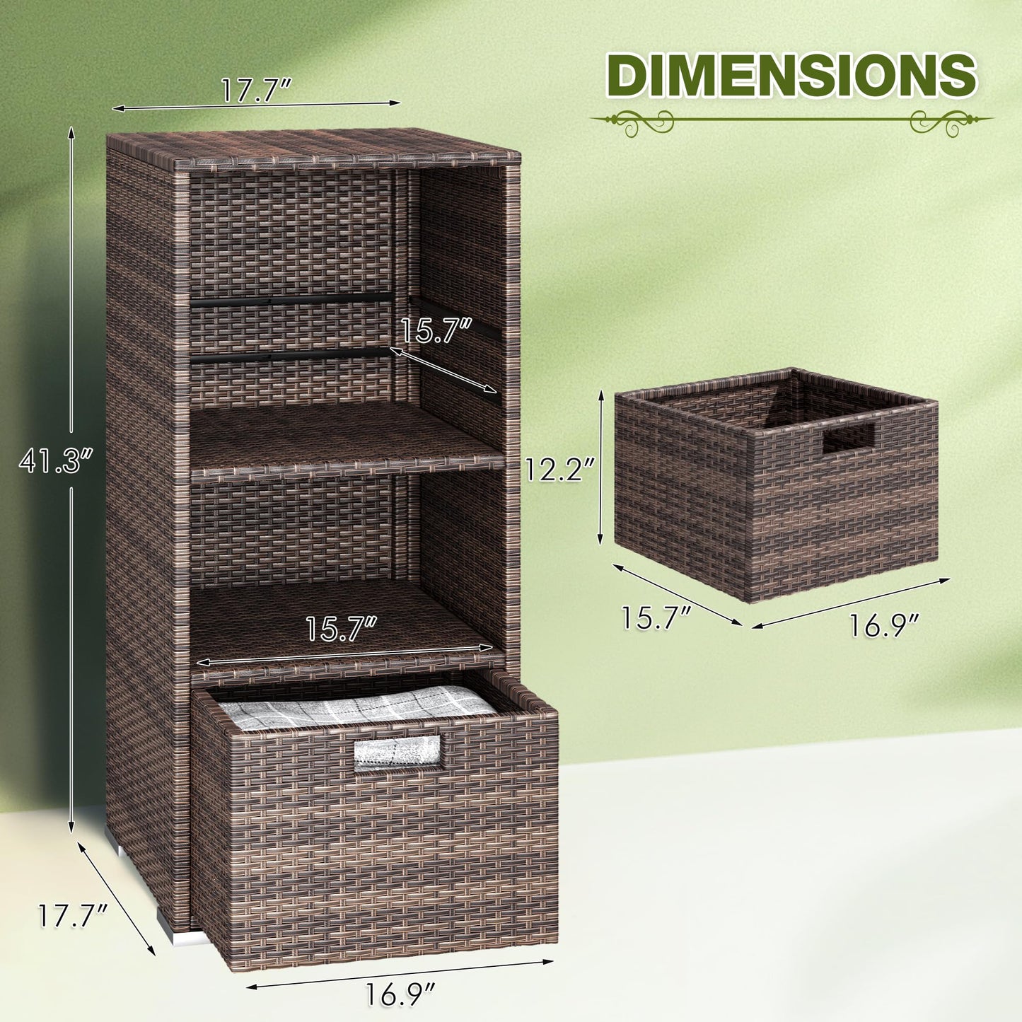 Greesum Rattan Storage Shed, Outdoor Towel Rack with 2 Storage Shelves & 1 Bottom Drawer, Suitable for Pool Patio Garden Deck, Brown