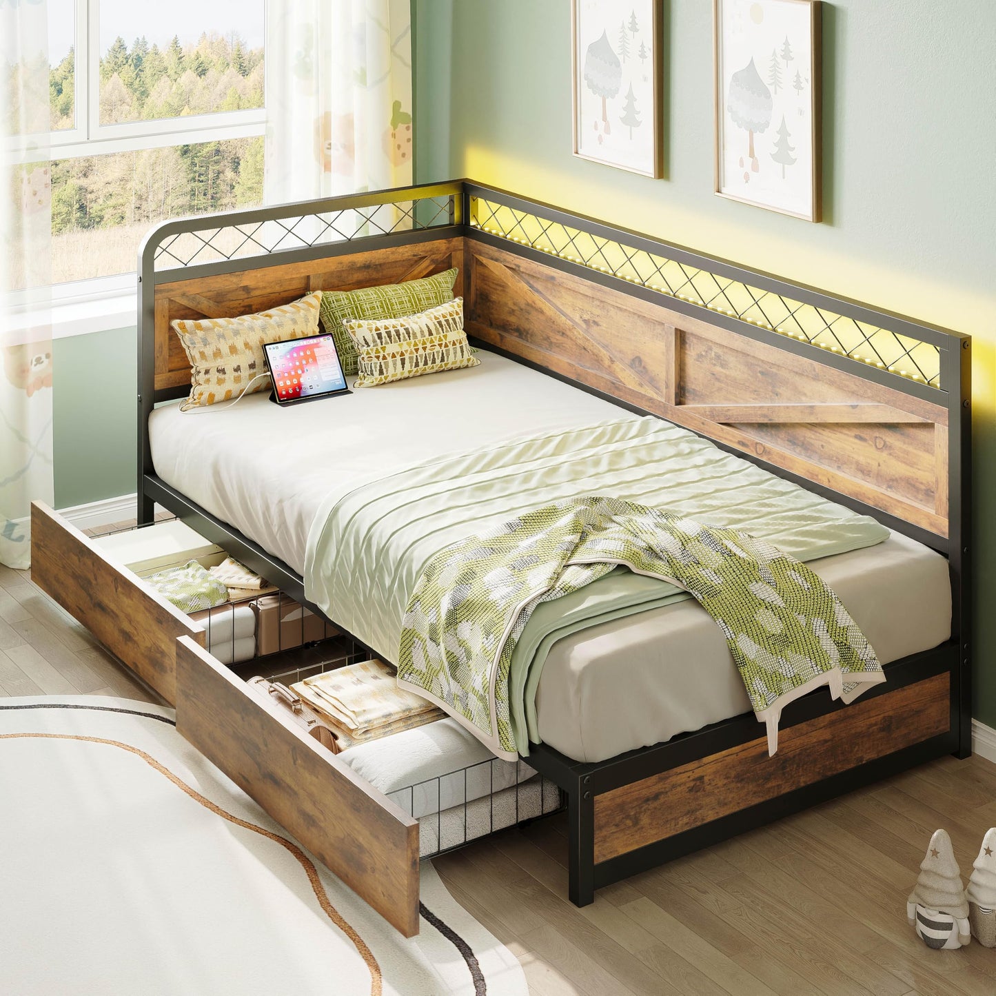 ANCTOR Twin Daybed with Storage Drawers, Corner Bed Frame with LED Lights and Charging Station for Living Room, Bedroom and Guest Room, Industrial Brown