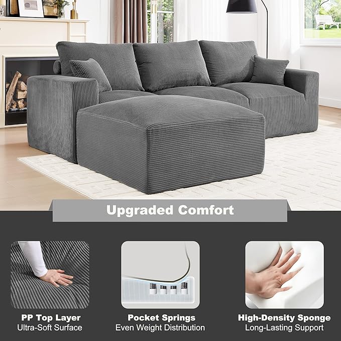 113" Modular Sectional Sofa, Compression Sofa with Deep Seat, Convertible L Shape Couch with Ottoman, Upholstered Couches for Living Room Bedroom,No Assembly Required (Grey Corduroy, 113" L Shape)