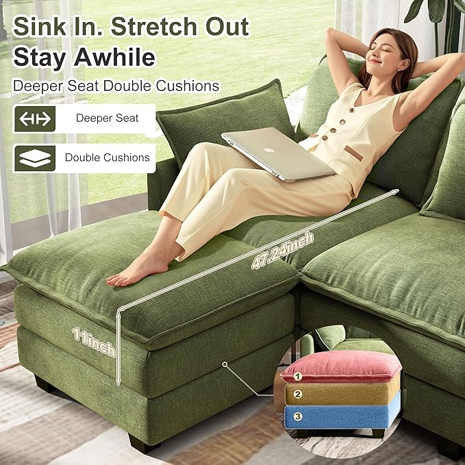 Cloud Couch Sectional, U Shaped Modular Sectional Sofa, 4-Seat Deep Seat Couch with 6 Removable Washable Pillows and 2 Ottoman for Living Room, Bedroom, Apartment
