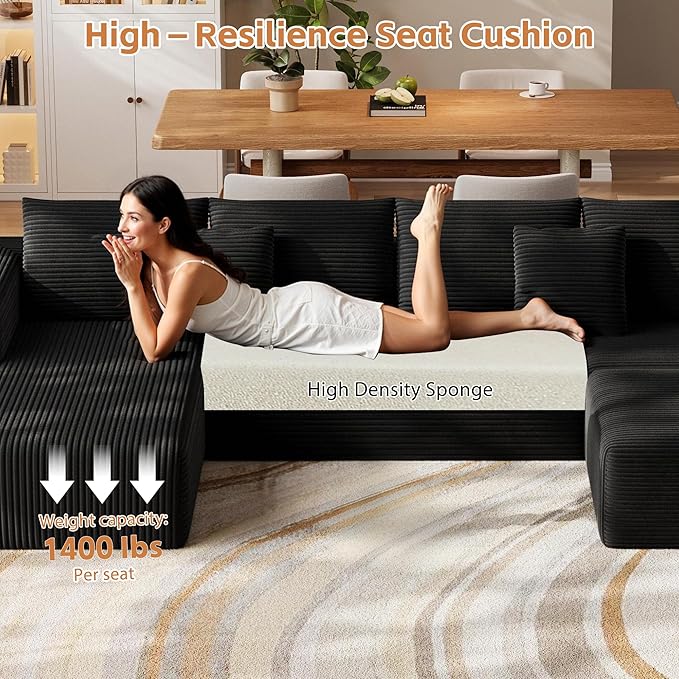 Fancyfire 134.6" Cloud Modular Sectional Couch with Chaise and Pillows,Ultimate Comfort U-Shaped Deep Seat Sofa,Boneless Couch Upholstered 3-Seater Sofas for Living Room, No Assembly Required(Black)
