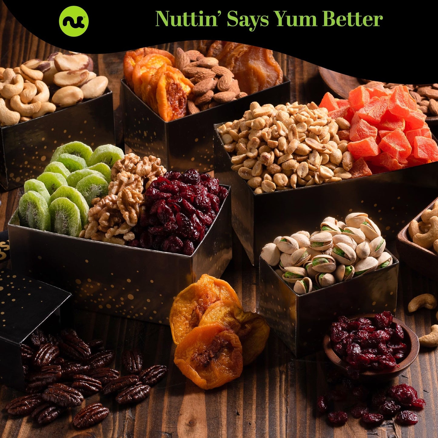 NUT CRAVINGS Gourmet Collection - Happy Birthday Treats, Nuts & Dried Fruits Tower Gift Basket with Bday Ribbon (12 Assortments) Food Arrangement, Healthy Snack Care Package, Food Assortments