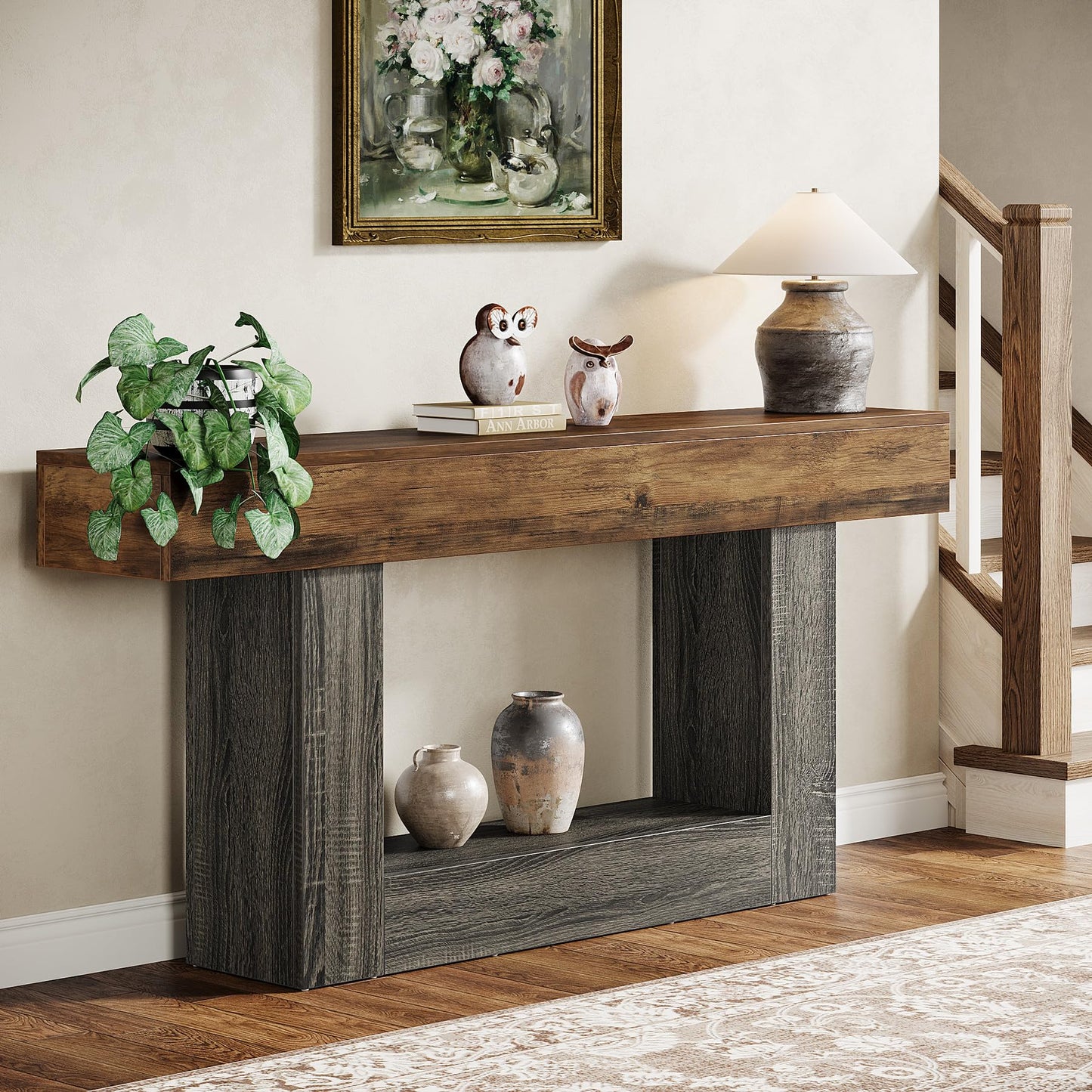 Tribesigns 63" Console Table, Farmhouse 2-Tier Entryway Table with U-Shaped Base, Narrow Long Wood Sofa Table Behind Couch Table for Living Room, Hallway, Foyer, Vintage Brown & Gray