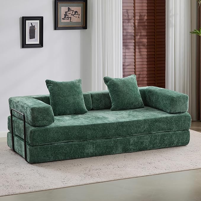 Convertible Couch Sofa Bed Foldable Floor Sleeper | Modern Fold Out Couch | Removable Backrest & Armrests | No Assembly Compression Sofa Sleeper for Living Room, Bedroom | Green Chenille