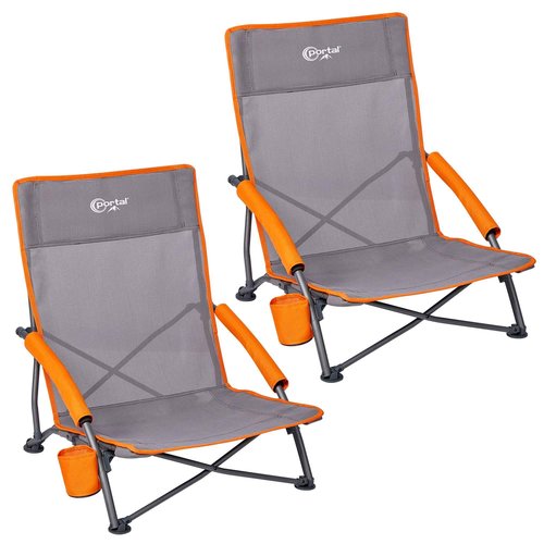 Portal Beach Chairs for Adults 2 Pack High Back Low Folding Camping Chair Portable Lightweight with Cup Holder for Travel, Concert, Lawn, Festival, Support 400lbs