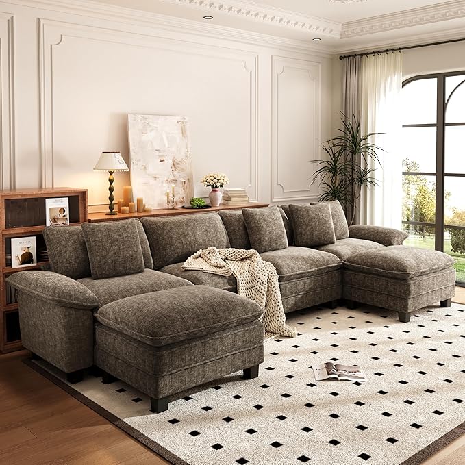 PHI VILLA Cloud Modular Couch Sets, 157.5" Sectional Sofa with U-Shaped Chaise, 6-Seater Couches with Movable Ottomans for Living Room, Chenille Fabric, Taupe