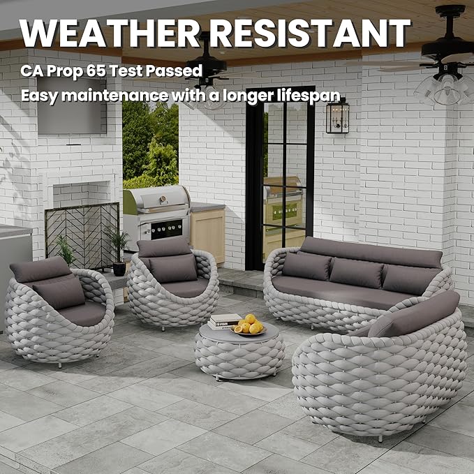 Erotr Lanai Outdoor Furniture Set: 6-Piece Aluminum Woven Rope Patio Conversation Sofa Set w/Table - Modern Cushions Couch Set - No Assembly Metal Porch Seating for Deck Yard Garden Pool Hotel Resort