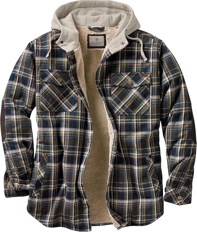 Legendary Whitetails Men's Hooded Shirt Jacket Plaid Flannel Berber Lined Polyfill Insulated