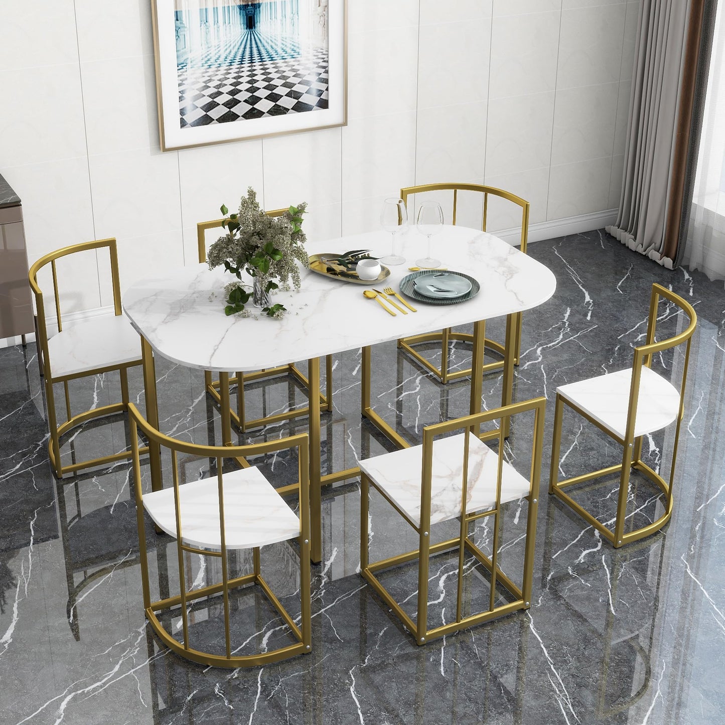 Metal 7 Piece Kitchen Dining Table Set with Chairs for Saving Space Metal Dining Room Table Set for 6 Persons, Golden White