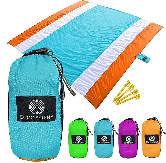 ECCOSOPHY Sandproof Beach Blanket - Oversized Sand Free Beach Mat 9'x10' - Lightweight Outdoor Picnic Blanket Anchored wit...
