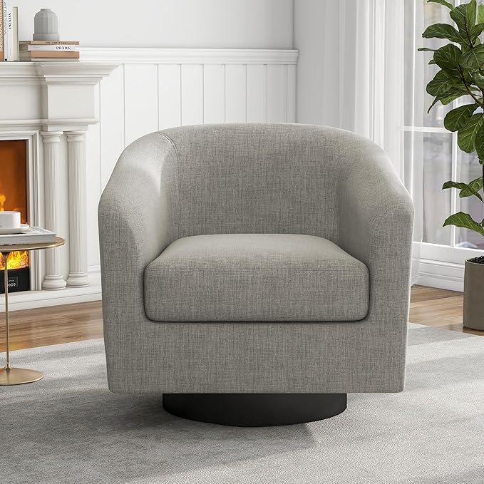 UIXE 360° Swivel Barrel Accent Chair Upholstered Armchair, Modern Round Club Arm Chair Living Room Single Sofa Seating Bedroom Side Reading Seat in Fabric, Flax Khaki