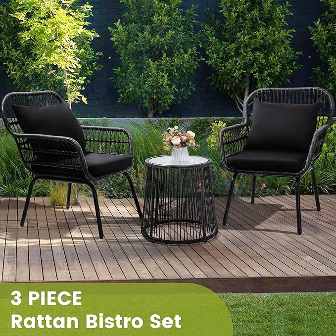 wildformers 3 Pieces Rattan Wicker Bistro Set, Outdoor Conversation Set, Wicker Furniture Set with Glass Top Table, Space Saving for Balcony, Backyard, Black