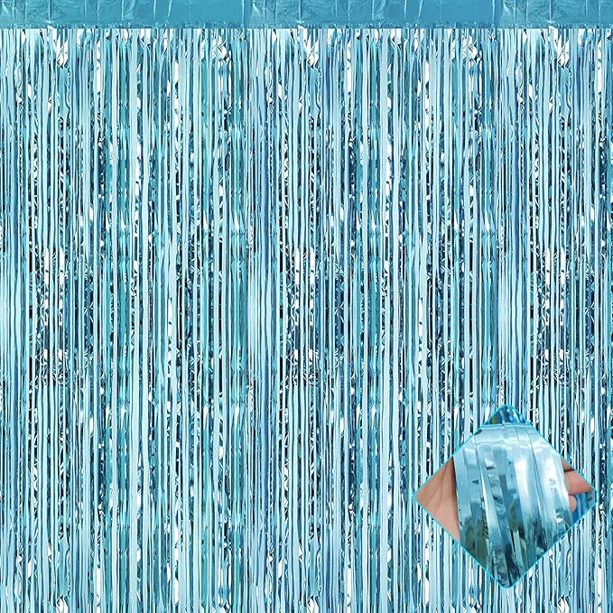 4 Pack Light Blue Foil Fringe Curtain Backdrop, 3.2Ft x 9.8Ft Metallic Tinsel Foil Fringe Streamers Curtains for Party, Ph...