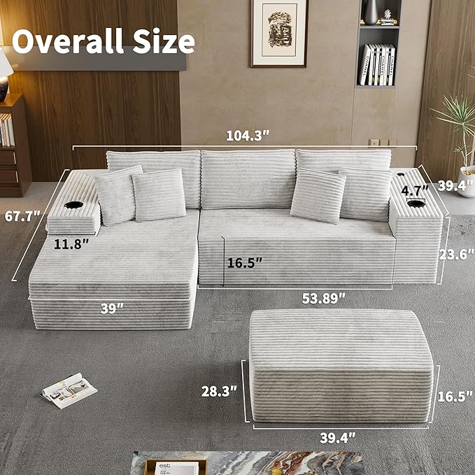 Cibert 104.3" Modular Sectional Sofa with Ottoman, Beige Boneless Couch Left Facing Chaise U Shaped Couches with USB Ports, 2 Cup Holders, 2 Storage Bags & Lint Remover, No Assembly Sectional Couch