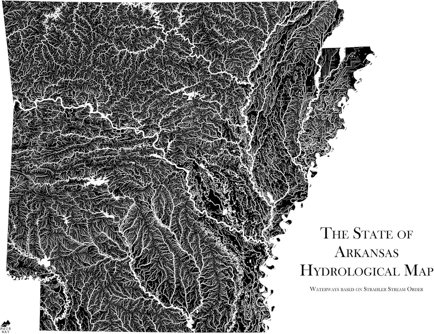 Muir Way Hydrological River Map of Arkansas - Watershed Topographic Wall Art for Home, Office, or Travel Decor - Unframed Flat Paper Print, 18x24