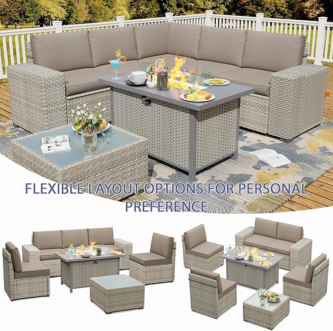 Broivira 7 Piece Patio Furniture Set with 50,000 BTU Rattan Fire Pit Table That Converts to Coffee Table, 9.8" Wide Arm Sectional Sofa with Storage Armrests, Outdoor Rattan Conversation Set, Khaki