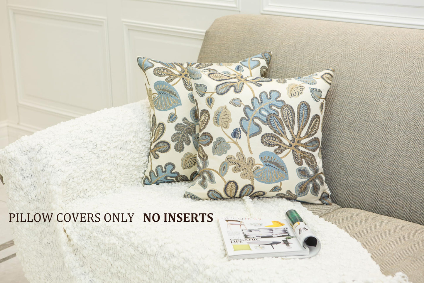 Mika Home Set of 2 Jacquard Tropical Leaf Pattern Throw Pillow Covers Decorative Pillowcase 22X22 Inches,Blue Cream