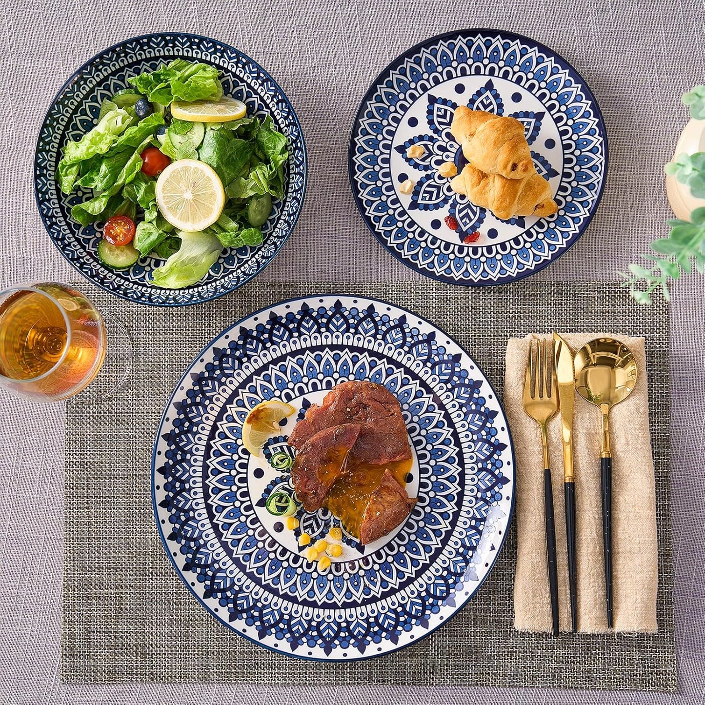 Bestone Porcelain Dinnerware Sets Service for 4, 12 pcs Hand drawn Plates and Bowls Sets, Handmade Ceramic Dish Set, Chip Resistant Modern Plate Set, Dishwasher/Microwave Safe，Vintage Blue