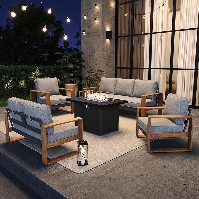4 Pieces Aluminum Patio Furniture Set, Outdoor Conversation Sets with High Backrest Sofa and Fire Pit Table for Garden and Backyard