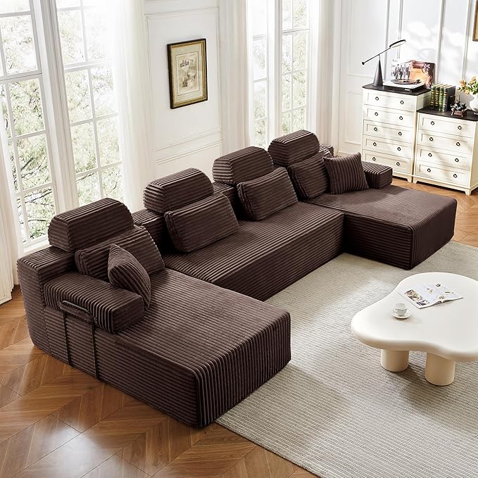 141" U-Shaped Cloud Modular Sectional Sofa with Chaise & Headrest, Boneless Deep Seat Plush Corduroy Couches for Large Living Room, No Assembly Required (Brown, 141" U-shapred Chaise)