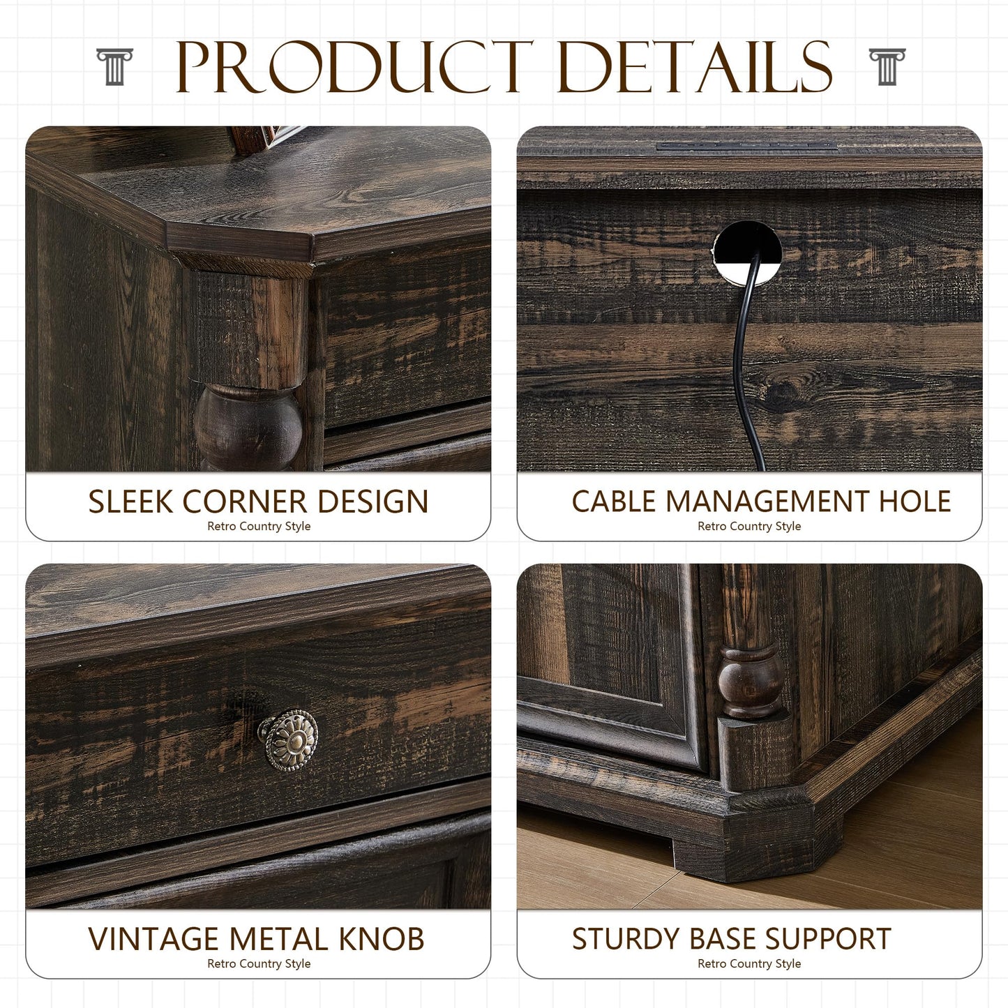 Yechen 55'' Wood Executive Desk with 7 Drawers - Farmhouse Home Office Desks with Storage & Power Outlet, Wooden Computer Desk with Roman Columns, Writing Table for Work & Study, Dark Reclaimed Oak