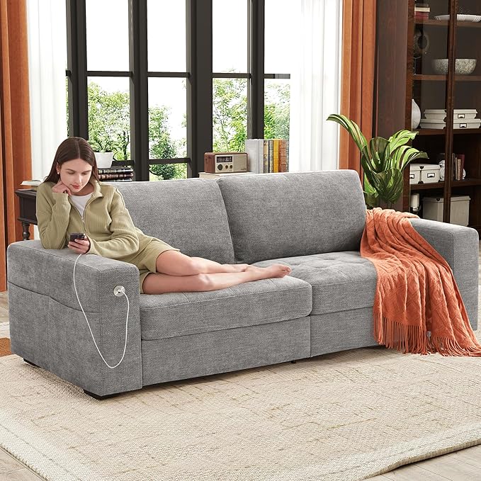Ihanherry 89" Modern Sofa Cloud Couch, Chenille Deep Seat Sofa with Removable Cover for Living Room, Bedroom and Apartment, Grey
