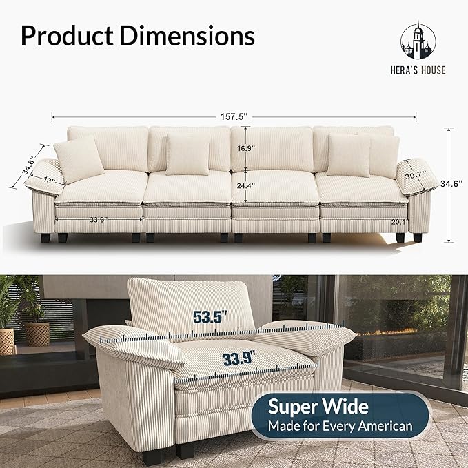 HERA'S HOUSE 158" Modular Sectional Sofa, Oversized Couches for Living Room, Comfy Cloud Couch 4-Seater Deep Seat Sofa with Throw Pillow, Corduroy Beige