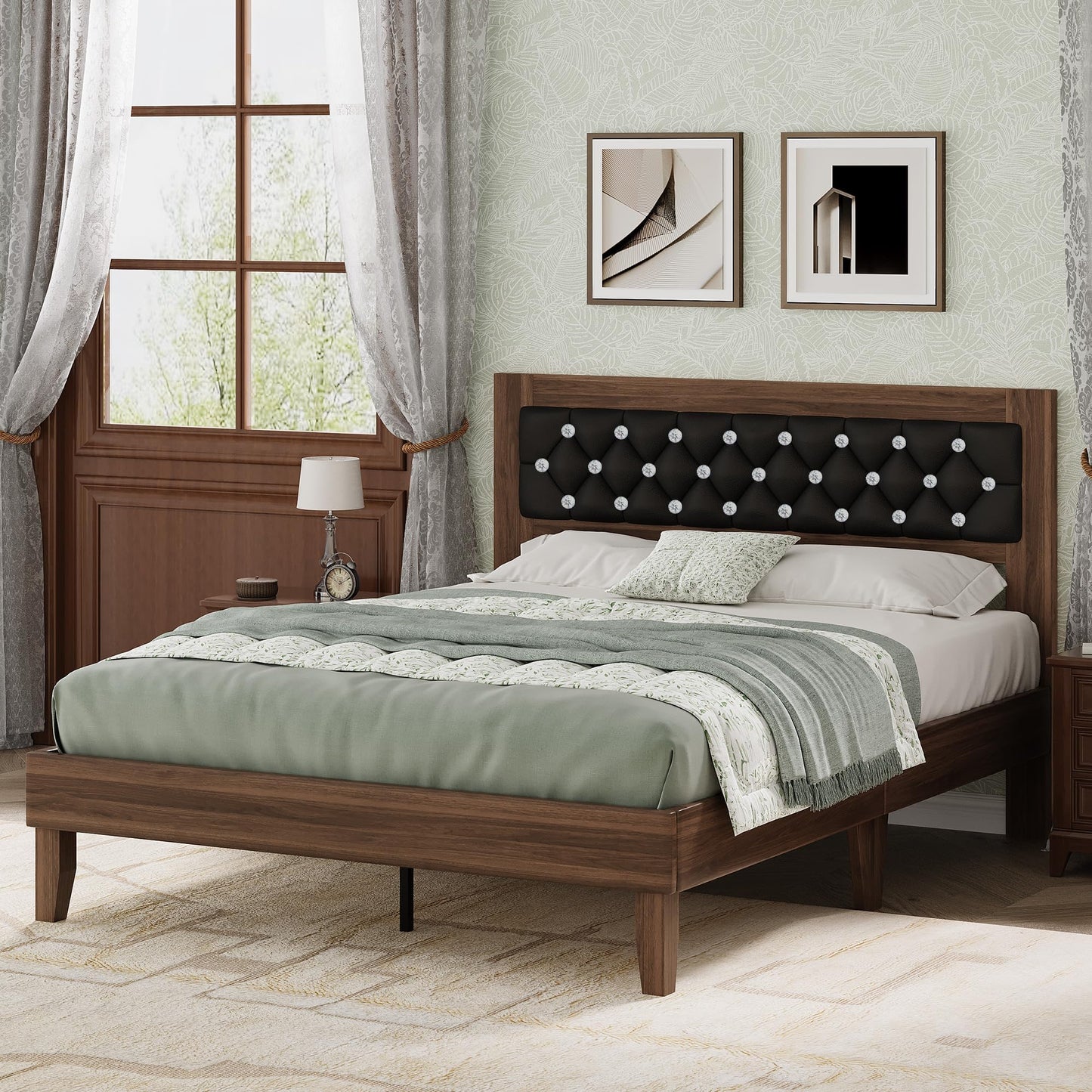 Queen Size Bed Frame, Wooden Platform Bed with Diamond Tufted Headboard, PU Upholstered Bed Frame, Wood Slat Support, No Box Spring Needed, Easy Assembly, Walnut