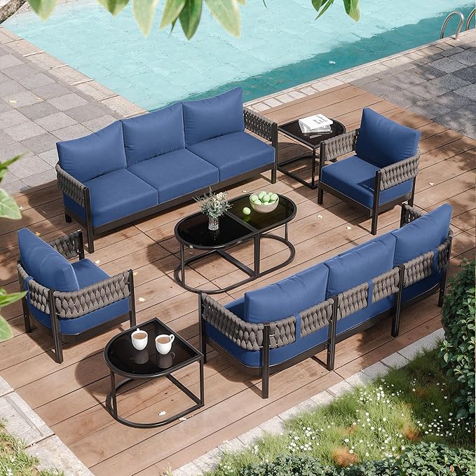 RTDTD Aluminum Patio Furniture Set,8 Pieces HDPE Rope Patio Conversation Sets with Modular Coffee Table,Metal Outdoor Sectional Furniture w/5.9" Thick Cushions for Porch,Deck,Backyard,Navy Blue