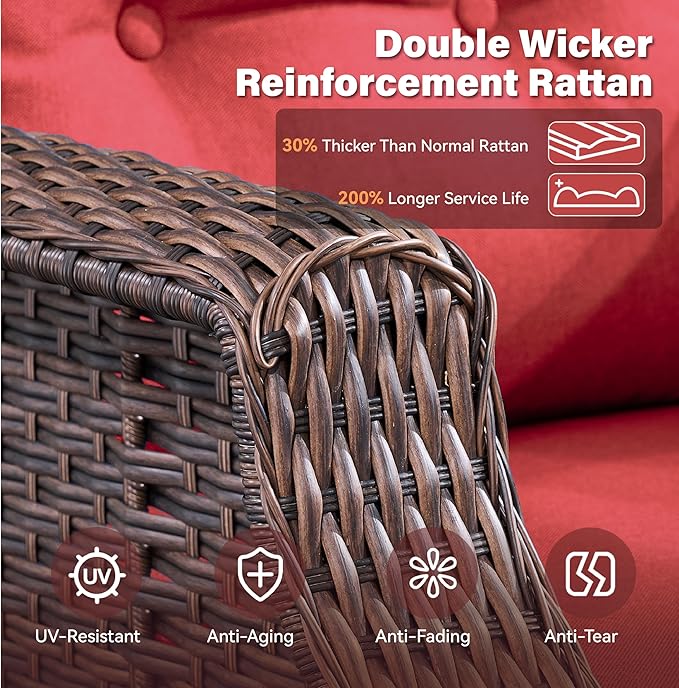 Belord 4" Thick Cushion Outdoor Swivel Rocker Patio Chairs Set of 2, Wicker 3 Piece Patio Furniture Set with Side Table and Comfort High Back Outdoor Patio Glider Chair - Brown Wicker/Red Cushion