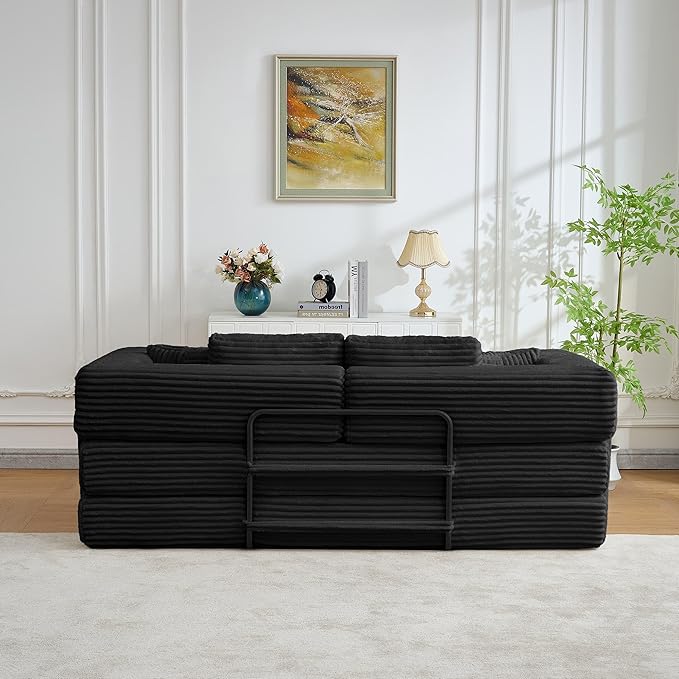 79.5" Folding Convertible Sofa Bed with Side Storage Pockets, 4-in-1 Corduroy Boneless Couch, No Assembly Loveseat Sleeper, Floor Sofa Daybed Futon Couch for Living Room Bedroom Lounge, Black Upgraded