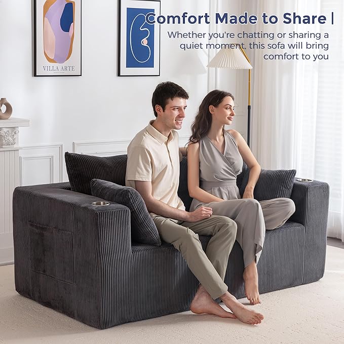 MAXYOYO Modular Sectional Sofa Couch, Loveseat Boneless Cloud Couch for Living Room, Sofa in A Box, Tufted Upholstered Cozy Chair with Cup Holders, No Assembly Required, Grey