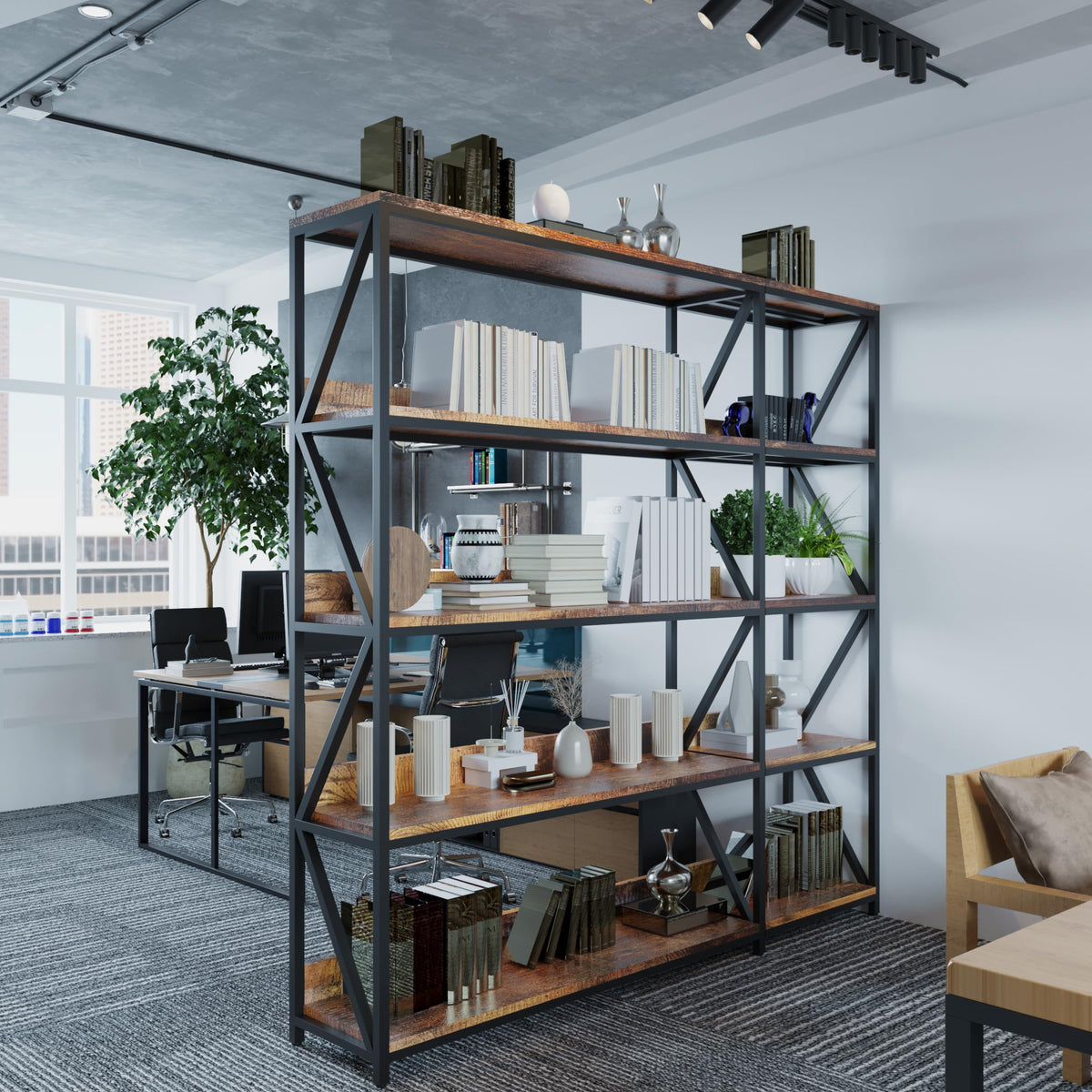5 Tier Bookshelves with LED Plant Grow Lights, Convertible Corner Bookshelf with Baffles, 70" Tall Industrial Bookcase, Display Shelf, Wood Shelves with Metal Frame for Living Room Bedroom Home Office