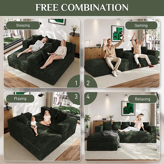 Modular Sectional Sofa, 107" L Shaped Cloud Couch Plush Corduroy Deep Seat Boneless Sofas with 5 Pillows Long Chaise Lounge Couches Memory Foam for Living Room - Green, Left Facing Chaise