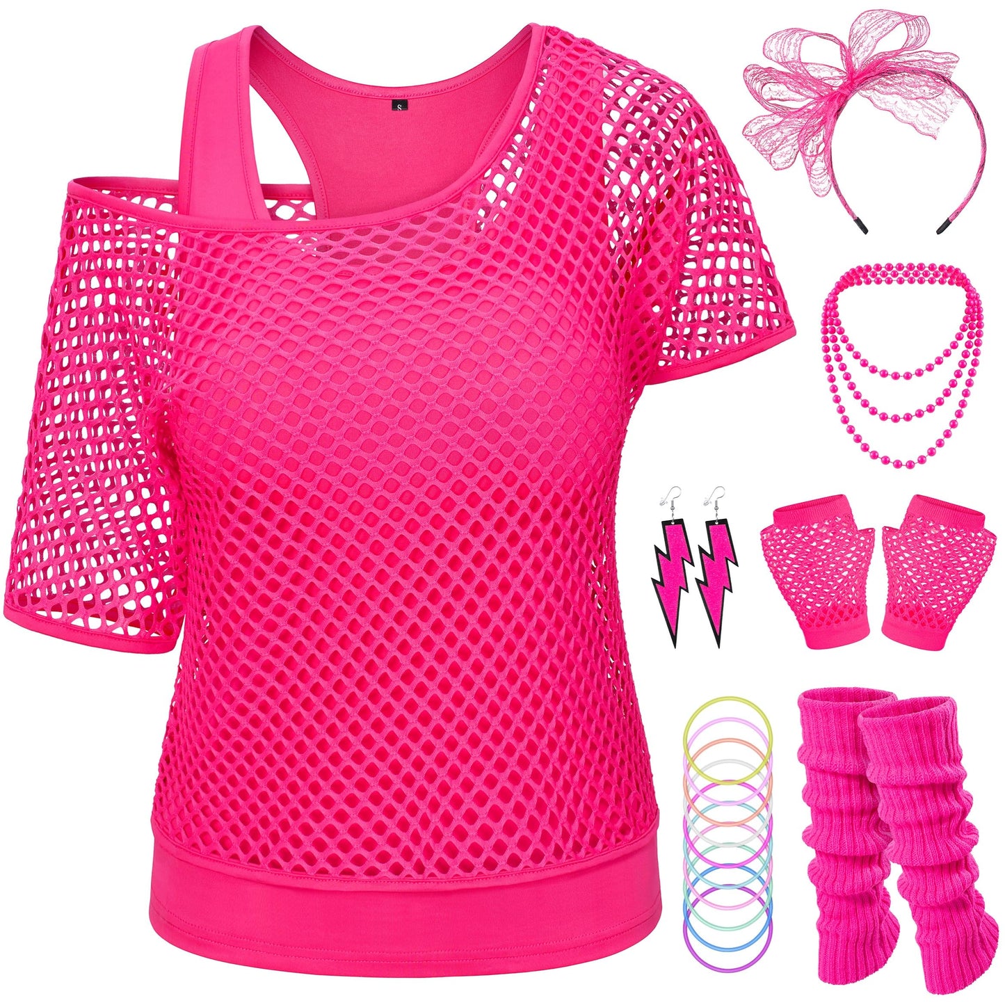 Yuriko 80s Outfit Party Costumes Fishnet Neon Off Shoulder T-Shirt Two Pieces With Fancy Dress Costume Accessories(Pink 2XL)
