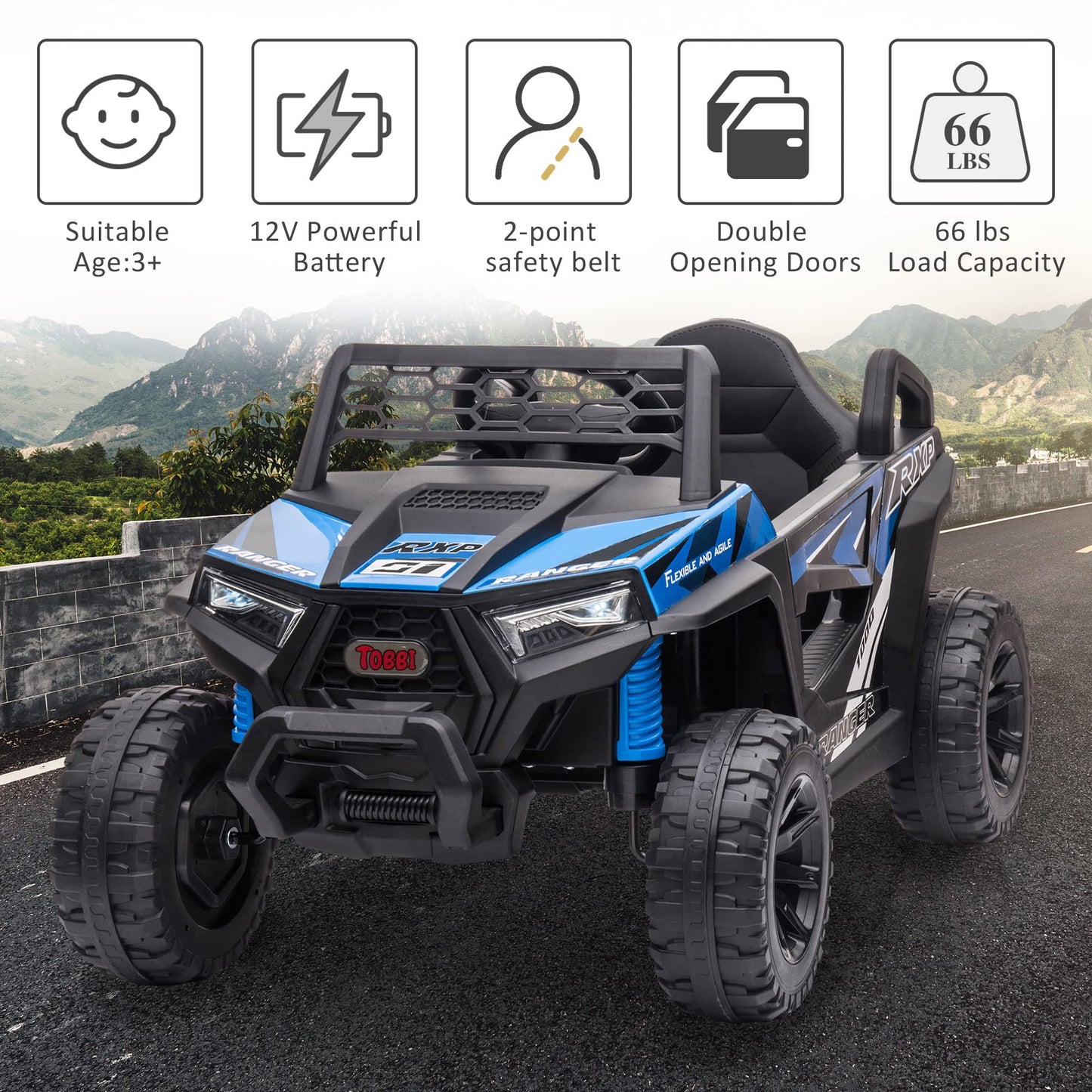 TOBBI 12V Kids Ride on Car, Electric Off-Road UTV Truck with Forward and Reverse Functions, Double Open Doors, Safety Belt, Horn, Music, and Lights for Kids Aged 3-5 Years (Blue)