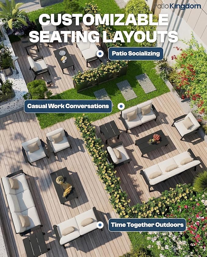 Patio Kingdom 7 Piece Patio Conversation Sets, Outdoor Couch with Washable Thick Beige Cushions, HDPE Patio Furniture Set, Outdoor Sectional Furniture for Backyard, Deck, Lawn, Porch (Black Frame)