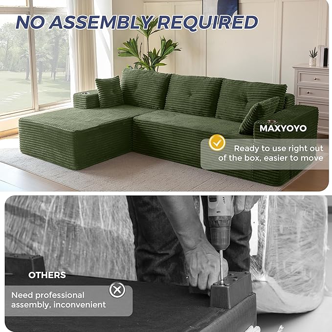MAXYOYO 104" Modular Sectional Couch with L-Shape Chaise, Modern Boneless Couch for Living Room, Sofa in A Box, Oversized Sofa Sleeper with Deep Seat, No Assembly Required, Green