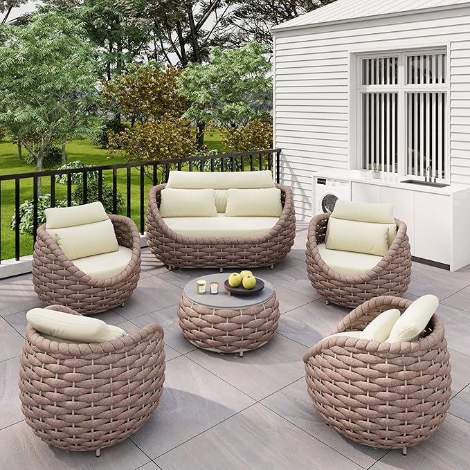 Erotr Aluminum Deck Outdoor Furniture Set: 6 Pieces Rope Patio Conversation Sofa Set - Modern Woven Porch Couch Set Cushioned - No Assembly All Weather for 660lbs Yard Garden Lanai Hotel, Terracotta